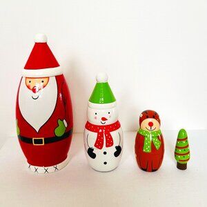 Wooden Christmas Nesting Dolls — Set of 4 Holiday Figurines (Santa, Snowman, Rei